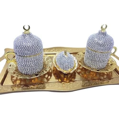 Two Pieces Set of Swarovski Crystal Coated Cup Golden Color Ottoman Turkish Greek Arabic Coffee Espresso Serving Cup Saucer Set