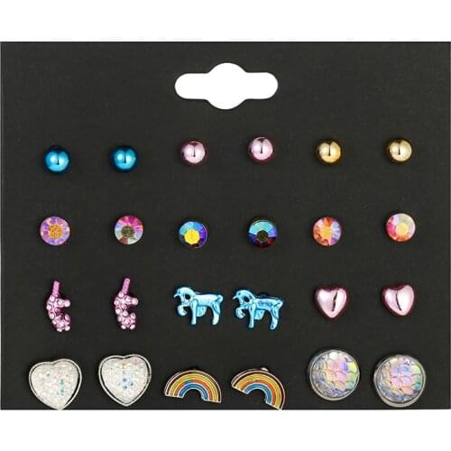 12pairs Trendy Cute Animal Unicorn Earring Set For Women Baby Kids Metal Beads Pearl Rainbow Fish Scale Small Earrings Studs