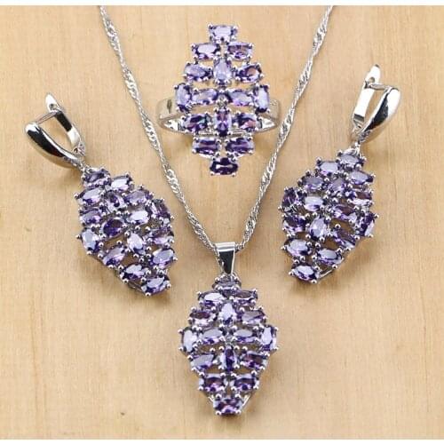 Punk 925 Sterling Silver Jewelry Purple CZ White Cubic Zirconia Jewelry Sets For Women Earring/Pendant/Necklace/Ring