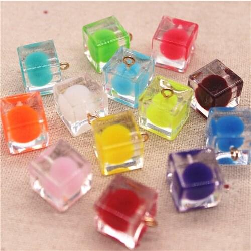 10pcs Mix Colors Resin Transparent Cube Inside Plush Ball DIY Jewelry Pendant Home Decoration Accessories,14mm