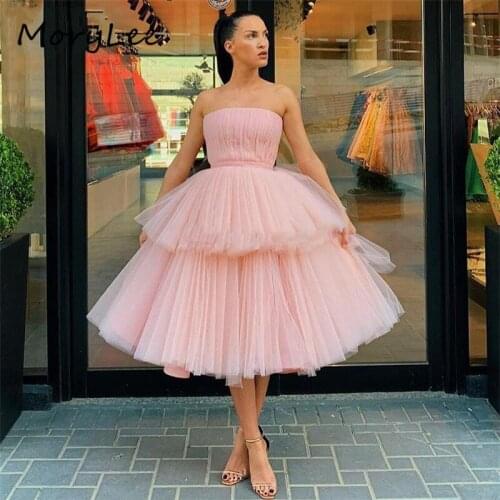 Pink Evening Dresses Strapless Sleeveless A-Line Short Evening Dress Lace Up Back vestidos de fiesta de noche