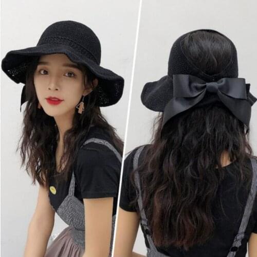 CANZE Women Summer Sun Protection Hat Collapsible Bow Big Brim Empty Top Hat UV Protection Straw Hat
