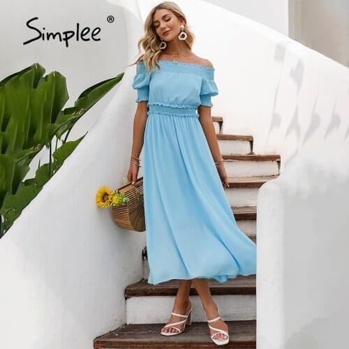 Simplee Off shoulder party dress women Short sleeves slash neck elastic sexy long dress Elegant high waist blue dress for summer
