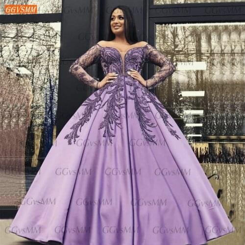 Lilac Purple Beaded Prom Dresses Long Sleeves 2021 Vestido De Fiesta Largo Satin Women Party Gowns Customized Vestidos Formales