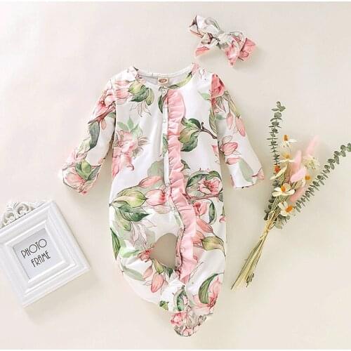 Newborn Baby Girl Clothes 0 3 6 9 Months Vintage Floral Cotton Lace Ruffle Infant Romper Spring Baby Girl Jumpsuit Set Outfit