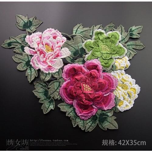 High quality 42*35cm embroidered patch for clothes,3d poeny design parches bordados big pcs sewing patches for clothing