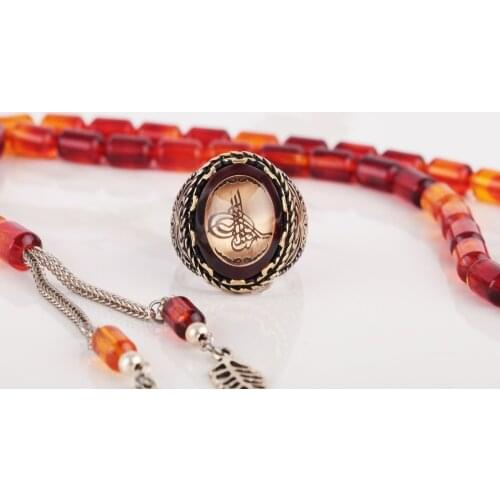 UM US JEWELRY Amber Gemstone Ottoman Tuğra Motif 925 Sterling Silver Men Ring