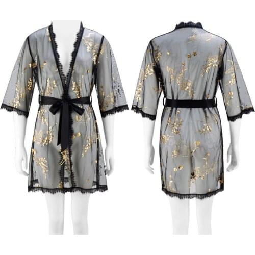 Womens Pajamas Silk Robe Summer Lace Net Yarn Home Sleepwear Fun Bathrobe Printed Gold New In 2021 Clothes Sexy Nightgown