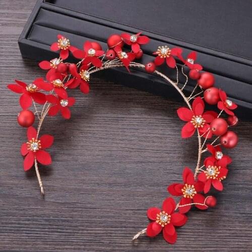 Women Chinese Style Red Flower Headband Bridal Wedding Simulation Pearl Headpiece Delicate Hairband Tassel Earrings LB