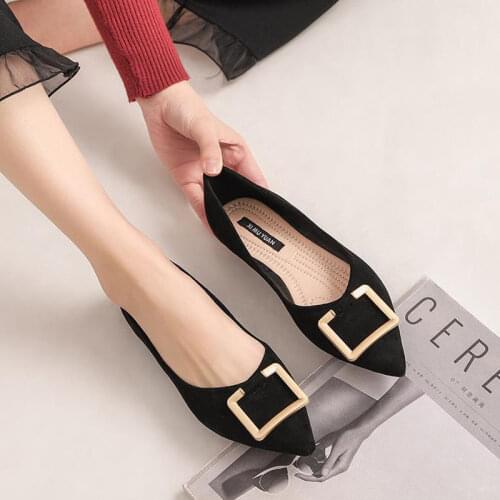 Spring Autumn Korean Shallow Mouth Flat Bottom Square Matel Buckle Plus Size Women Platform Shoes