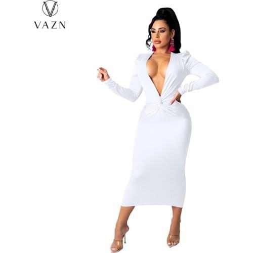 VAZN 2021 Autumn Overalls Solid Simple Soft Free Long Dress Young Sexy Style Full Sleeve High Waist Young Vestidos For Female