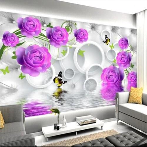 3d wallpapers photo wall murals wallpaper Purple rose wallpapers fashion water reflection 3D background wall
