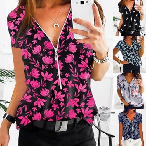 40# Vintage Blouses Women Zipper Hollow Out Oversized Flora Printed Shirts Short Sleeve V-neck Pullover Tee Tops Женские Свитера