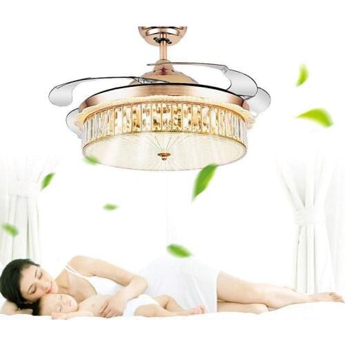 42" Led Invisible Gold Ceiling Fans Light Decorative Retractable Blade Modern Folding Fan Lamp Remote Control Hanging Lights