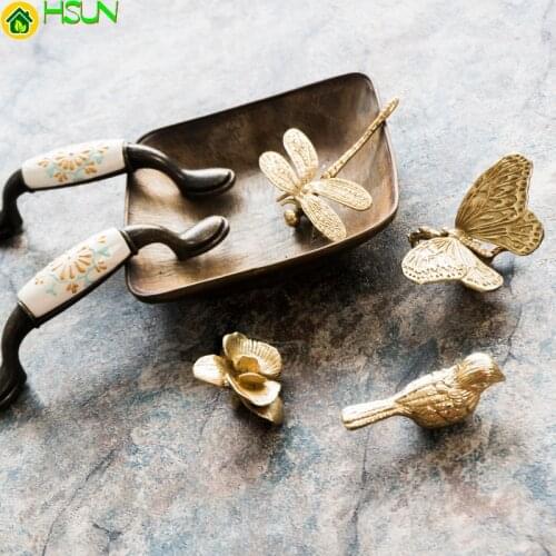 Butterfly/Dragonfly/Orchid brass Handle Wardrobe Drawer Retro Gold Cabinet Pulls copper handles for furnitur cupboard handles