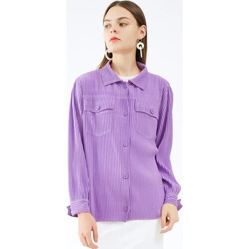Plus Size Shirt For Women 45-75kg Autumn 2020 New Elastic Miyake Pleated Turn Down Collar Long Sleeved Solid Color Purple Shirt