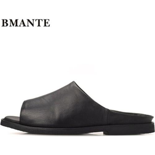 Bmante Genuine Leather Summer Men Slippers Beach Rome Fashion Flat Concise Luxury Solid Sandals Casual Male Slides Outside Shoes