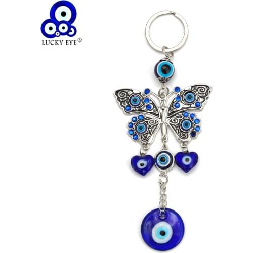Lucky Eye Butterfly Evil Eye Charm Keychain Silver Color Car Keyring Key Chain Holder Wall Hanging Jewelry for Women Men EY6533