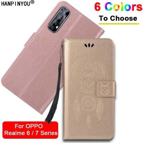 For OPPO Realme 6 6S 7 Pro Asian Global Embossed Owl Feather Flip Leather Wallet Phone Case Magnetic button Cover With Card Slot