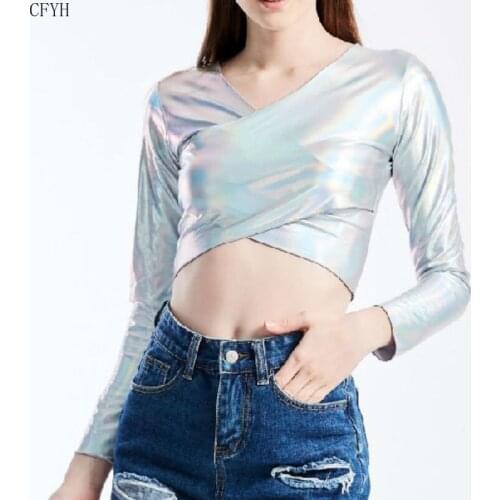 Metallic Color Holographic T Shirts Women Long Sleeve Criss Cross Wet Look Crop Top Fashion Streetwear Sexy Tshirt