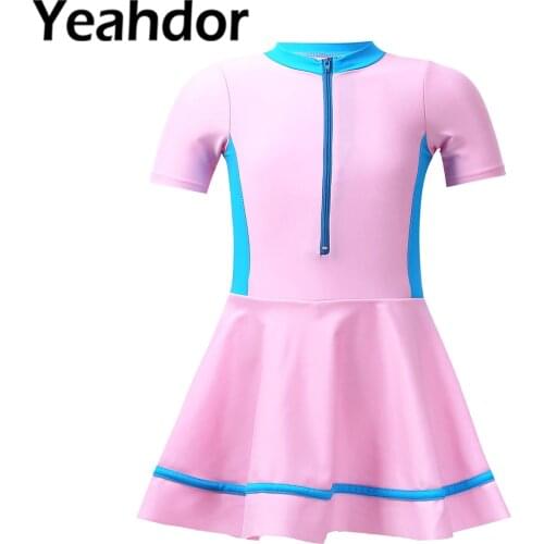 Kids Girls Summer Swimwear Swim Dresses Short Sleeves Front Zipper Dress with Built-in Shorts Rashguard for Beach Bathing