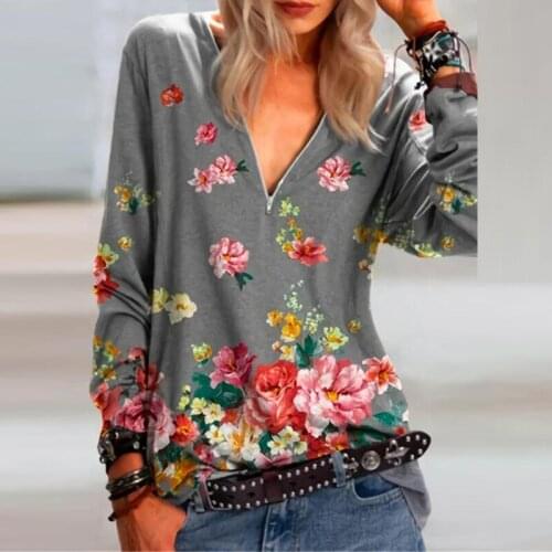 Fashion Floral Graphic T Shirts Loose Tops Womens Clothing Flower Shirt Women Oversized T Shirt Vintage V-Neck Top Streetwear