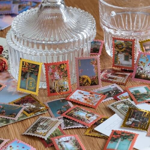 JIANWU 40 Pcs Vintage Travel Landscape Stamp Stickers Aesthetic Bronzing Journal Decorative Material Kawaii Stickers Stationery
