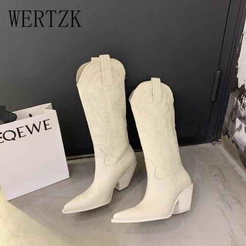 Fashion Embossed Microfiber Leather Women Boots Pointed Toe Western Cowboy Boots Women Knee-High Boots Chunky Wedges