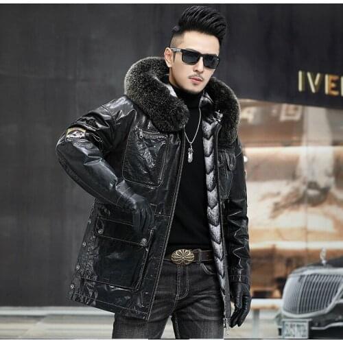 Mens Genuine Leather Jacket Men Top Layer Cowhide Hooded Coat Rabbit Fur Lining Trendy Parka Male Fox Fur Collar Clothing