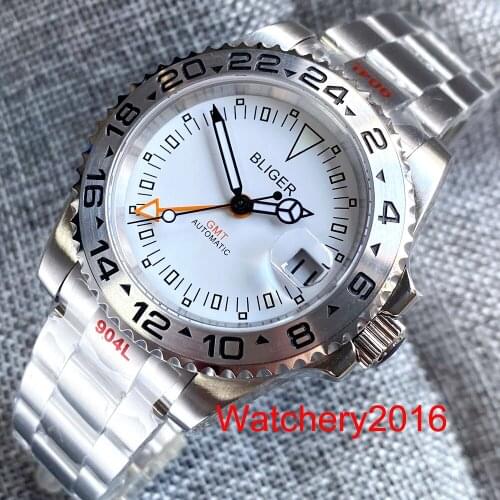 BLIGER 40mm White Orange GMT Automatic Men Watch Black Hand Brushed Oyster Band Silver Insert Flat Sapphire