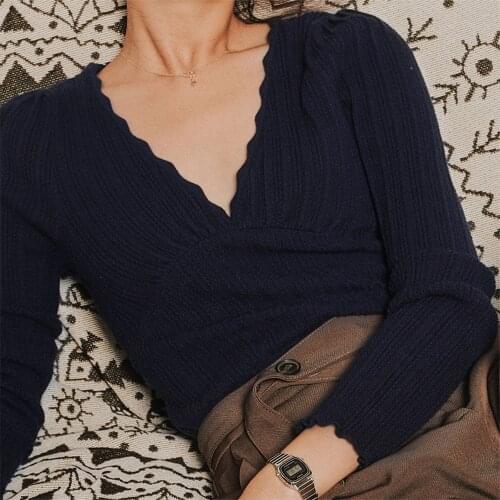 Fancy Knit Jumper Mesh Femme Elegant V Neckline Slim Scalloped Finish Long Sleeve Pull Knitted Retro Hauts Pullover Vintage