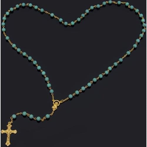 Handmade Rosary Necklace golden Cross Pendant Christian Catholic Virgin Glass Chains Beads Jewelry