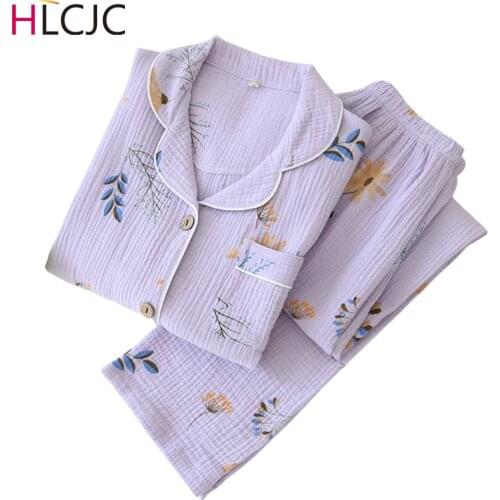 New Autumn Winter Crepe Cotton Pyjamas Femme Two Piece Set Sleepwear Women Floral Print Pajamas Set High Quality Pants Home Set
