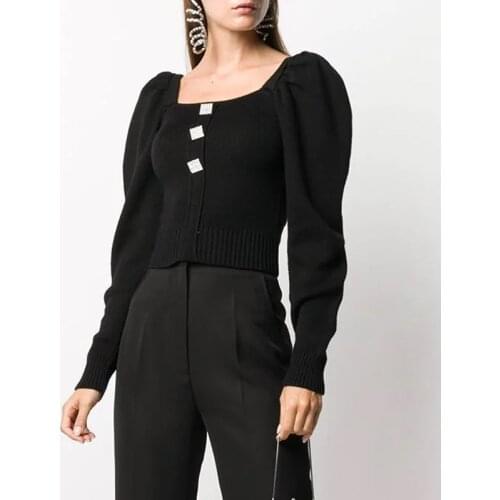 Sale! Wool Sexy 11.15Hot Square Collar Slim Short Knitwear Women Puff Sleeve Crystal Diamonds Button Decoration Pullover Sweater