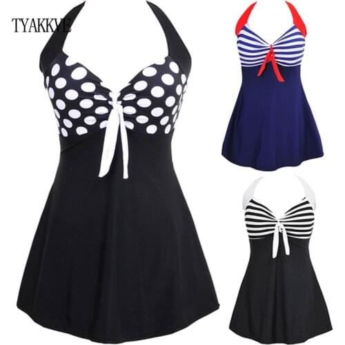 TYAKKVE Sexy One Piece Halter Stripe Women Plus Size Swimwear Skirt Push Up Bathing suit Tankini SwimSuit Dress Vintage Monokini