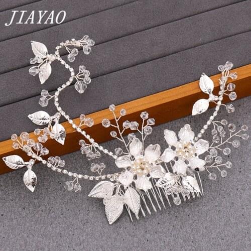Silver Color Flower Leaf Bridal Hair Comb Hair Accessories Rhinestone Pearl Bride Tiara Headband Hair Comb Headpiece Wedding