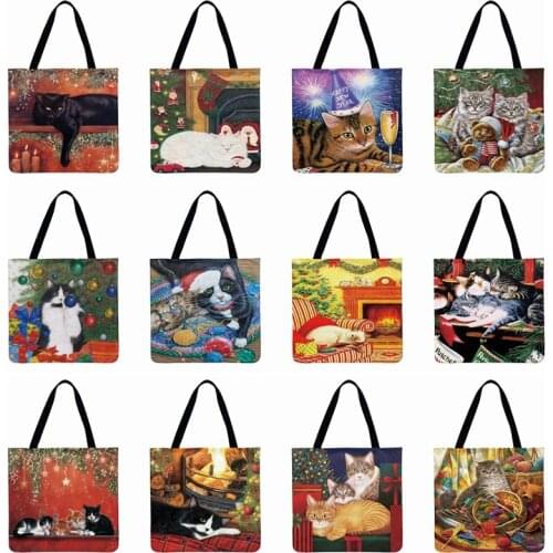 Foldable Shopping Bag Christmas Gift Pastoral Cat Print Tote Bag For Women Casual Tote Ladies Shoulder Bag Outdoor Beach Bags