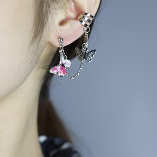 Hanging Butterfly Clip Earrings Ear Hook Rock Hoop Double Pierced Unusual Earring Women Girls Goth Punk Jewelry Wholesale
