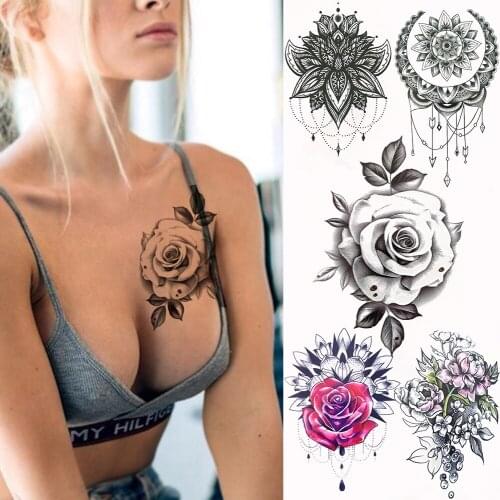 3D Large Rose Blossom Black Tattoo Sticker Flower Waterproof Fake Temporary Tattoos For Women Girl Body Art Washable Tattos