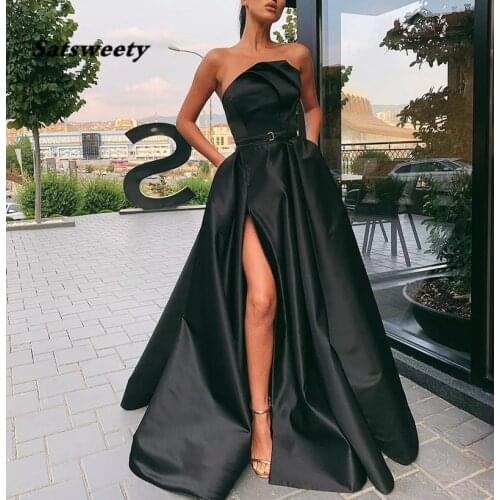 Vestidos De Gala Satin Prom Dresses 2021 with Pockets Side Slit Prom Gown Vestido Formatura Dress For Prom Robe De Soiree