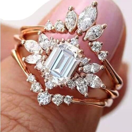 Milangirl Ladies Women Ring Rose Gold Color Geometric Crystal Rhinestone Zircon Ring for Female Wedding Engagement Jewelry