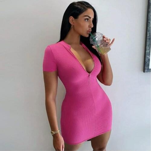 2021 Sexy Dress Women Turtleneck Bodycon Dress Zipper Short Sleeve Mini Dress Solid Color Party Club Dress Women Clothing MQ303