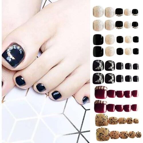 24pcs Fake Nails Matte Rhinestone Decoration Press On Toenails Full Drill Handmade Fashion Toes Fake Nails With Nail Glue