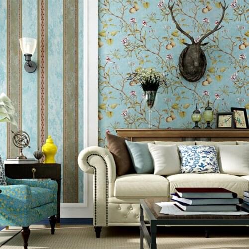American country wallpaper idyllic luxury style retro living room bedroom dark green flower and bird TV background wall wallpape