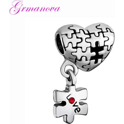 Valentines Day Heart Shape Love Pendant Puzzle European Big Hole Charm Beads Amulet Fit Pandora Bracelet Womens DIY Jewelry