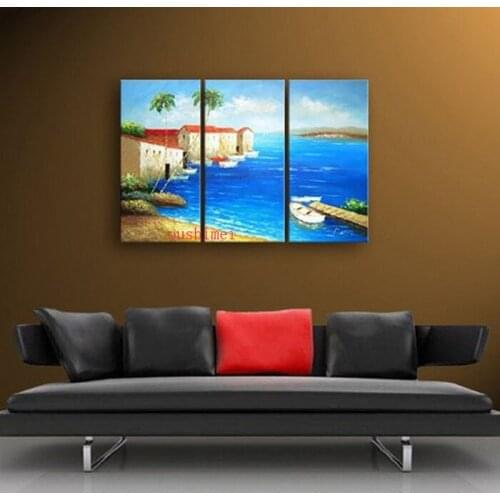 Free Shipping Hand-painted Ocean Island High Q. Home Decoration Modern Landscape Oil Painting Canvas 3pc/set Blue Sea Pictures