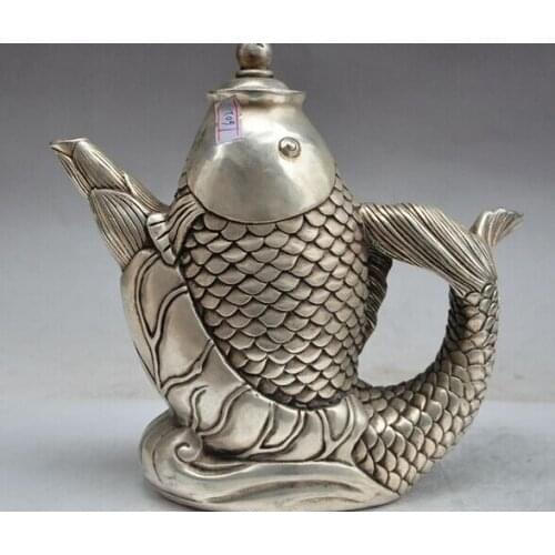 Decoration bronze factory outlets Tibet Silver 8"mark china chinese fengshui silver fish statue Yellow rice Wine Tea Pot Flagon