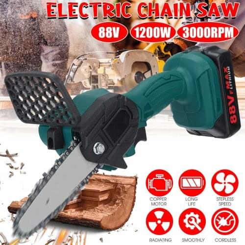 88V 1200W Mini Electric Chain Saw With 2Pcs Lithium Battery Rechargeable Woodworking Pruning Saw One-handed Garden Logging Tool