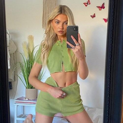 Foridol Knitted Summer Women Shorts Set 2 Piece Sets Womens Outfits Casual Slim Green Elastic Tracksuit Crop Top Y2K Sets