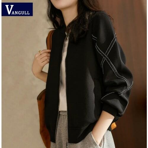 Vangull Zipper Classical Women Bomber Jacket Female Solid Black Chic Coat Autumn Long Sleeve Plus Size Short Ladies Jacket Coat